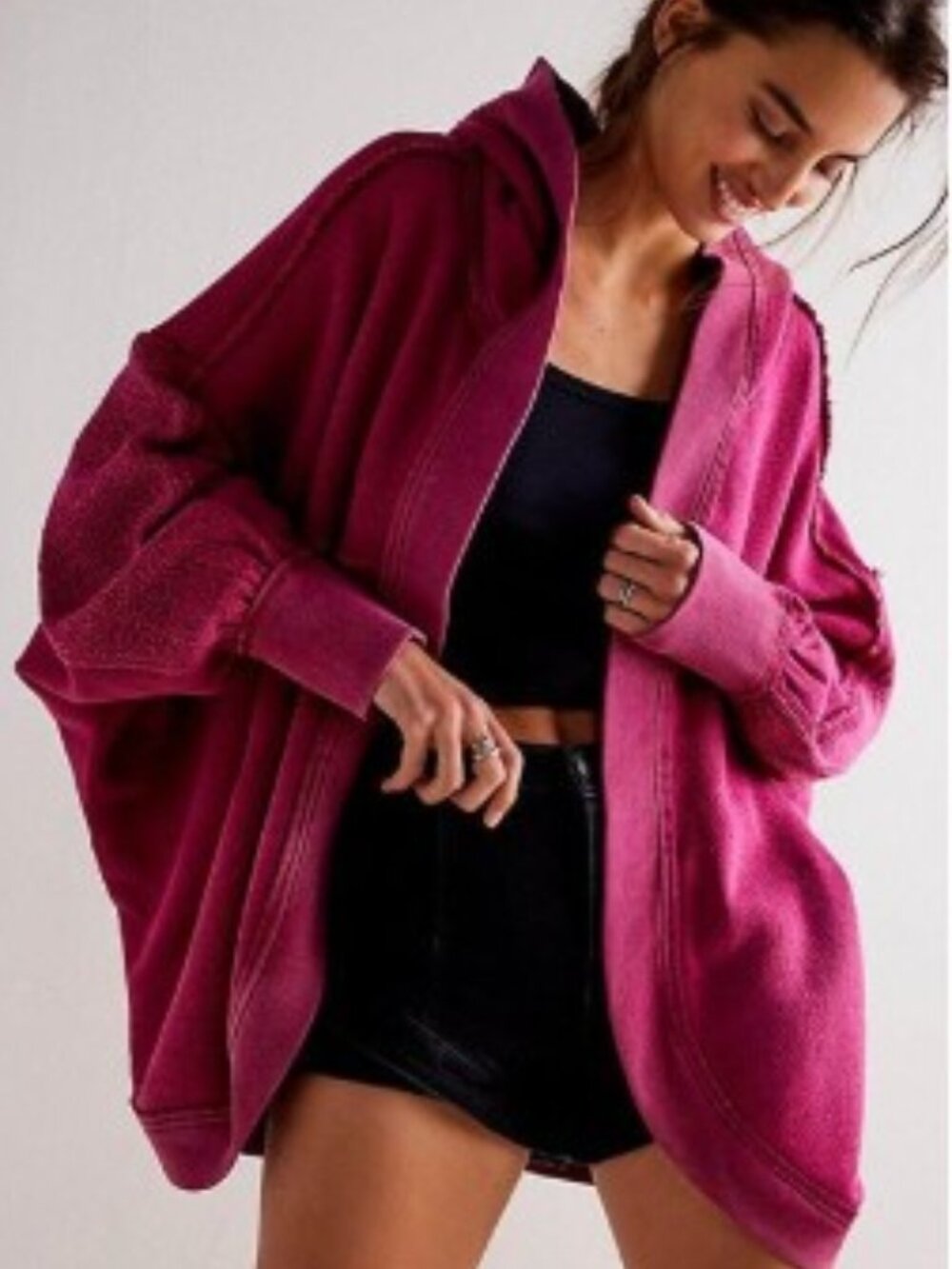FREE PEOPLE We The Free Forever Yours Hooded Oversized Cardi Sweatshirt Magenta - Picture 2 of 10